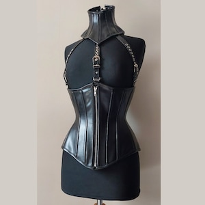 Underbust corset synthetic faux vegan leather made to measure waist training tight lacing zipper black with bust harness and neck corset