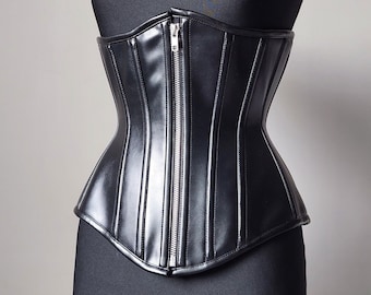 Underbust corset synthetic faux vegan leather made to measure waist training tight lacing zipper black