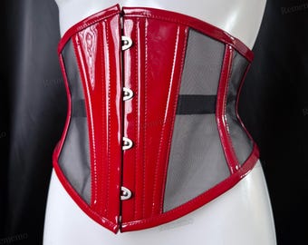 Corsé bajo el busto con efecto mojado rojo, faja de malla, varillas de acero y piel sintética de charol.