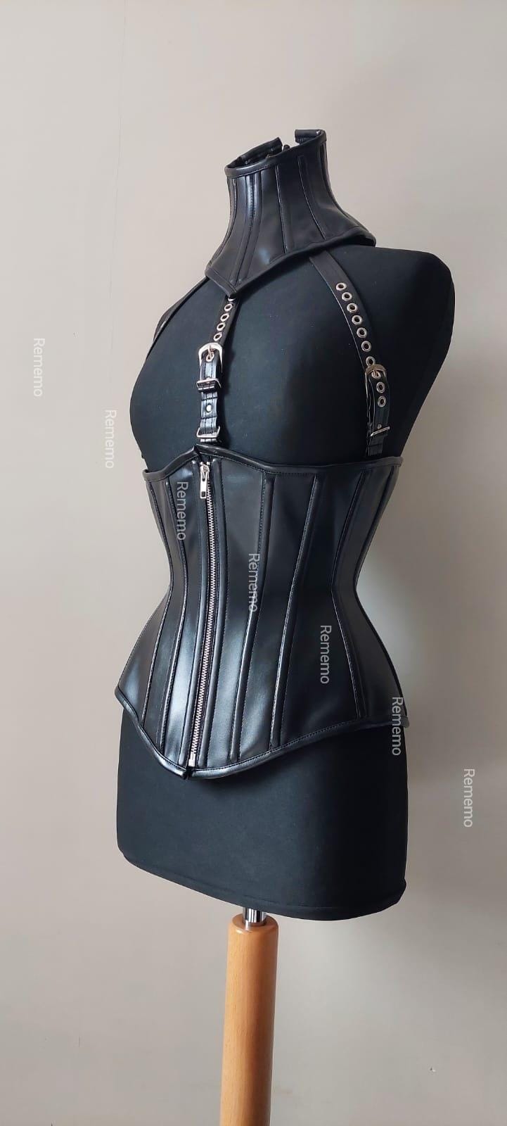 Black Faux Leather Corset With Harness and Collar - Gothic Waist