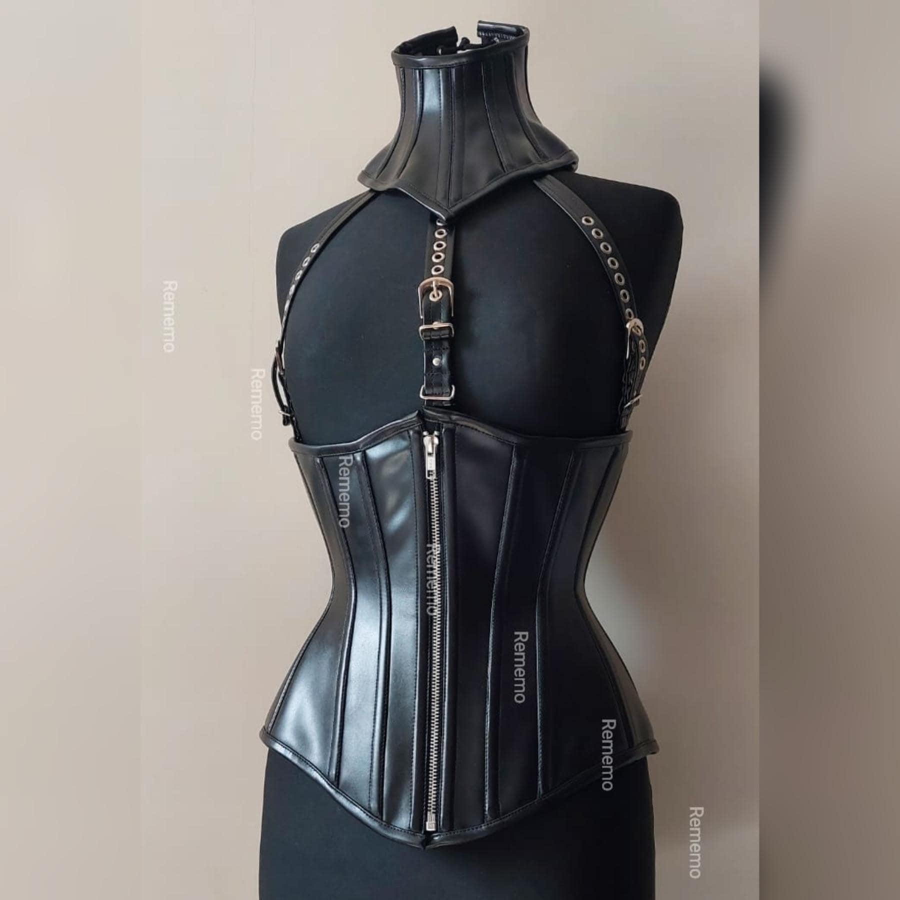 Black Faux Leather Corset With Harness and Collar - Gothic Waist