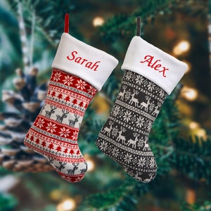 Personalised Nordic Knitted Christmas Stockings in Red or Grey