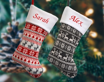 Personalised Nordic Knitted Christmas Stockings in Red or Grey