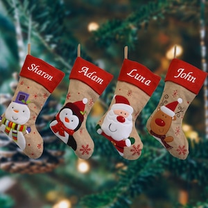 Personalised Embroidered Christmas Stockings in Red Top Hessian with Santa, Snowman, Reindeer or Penguin image 1