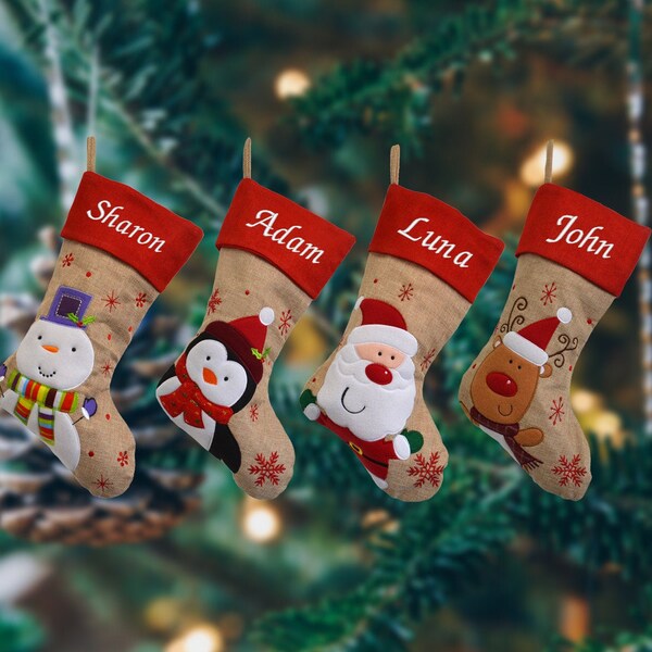 Personalised Embroidered Christmas Stockings in Red Top Hessian with Santa, Snowman, Reindeer or Penguin