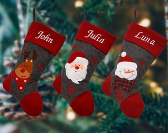 Personalised Embroidered Red and Grey Christmas Stocking with Santa, Snowman or Reindeer