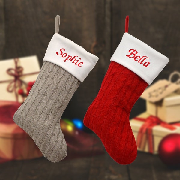 Personalised Knitted Christmas Stockings in Red or Grey