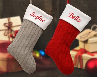 Personalised Knitted Christmas Stockings in Red or Grey