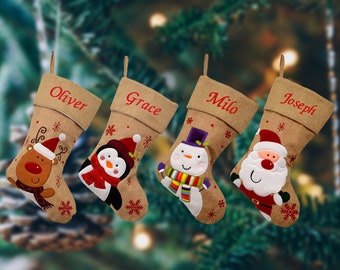 Personalised Embroidered Christmas Stockings in Hessian with Santa, Snowman, Reindeer or Penguin