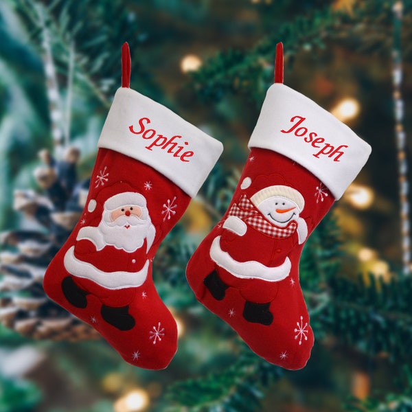 Personalised Red and White Embroidered Christmas Stocking with Santa or Snowman
