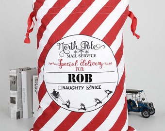 Personalised Red Candy Stripe Overnight Delivery Santa Sack 64cm X 45cm
