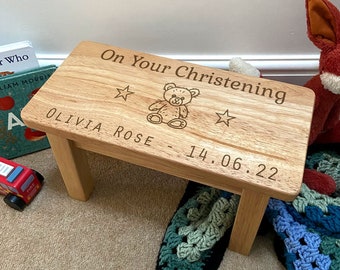 Personalised Child's Stool Rectangle Wooden Christening Engraved Design