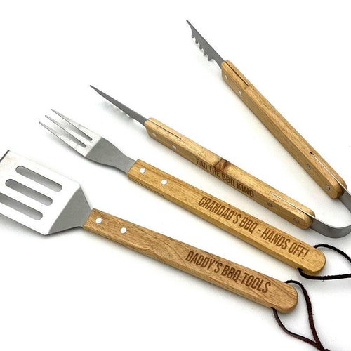 Personalised BBQ Tool Set Wooden Handles Engraved Message Etsy