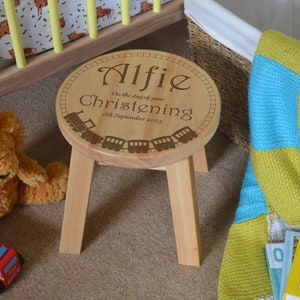 Personalised Toddler & Children&#39;s Wooden Stool Christening, Baptism, Naming Day Gift Train Set