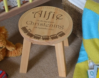 Personalised Toddler & Children's Wooden Stool Christening, Baptism, Naming Day Gift Train Set