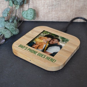Personalised Bamboo Wireless Phone Charging Pad Photo and Message 5W