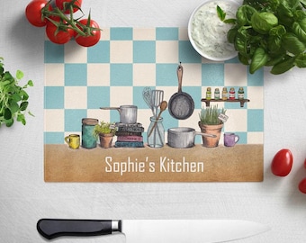 Personalised Kitchen Illustration Glass Chopping Board