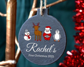 Personalised Slate First Christmas Slate Bauble Santa Snowman Penguin Reindeer