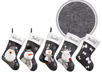 Luxury Deluxe Dark Grey Personalised Embroidered Christmas Stocking Santa / Snowman / Reindeer