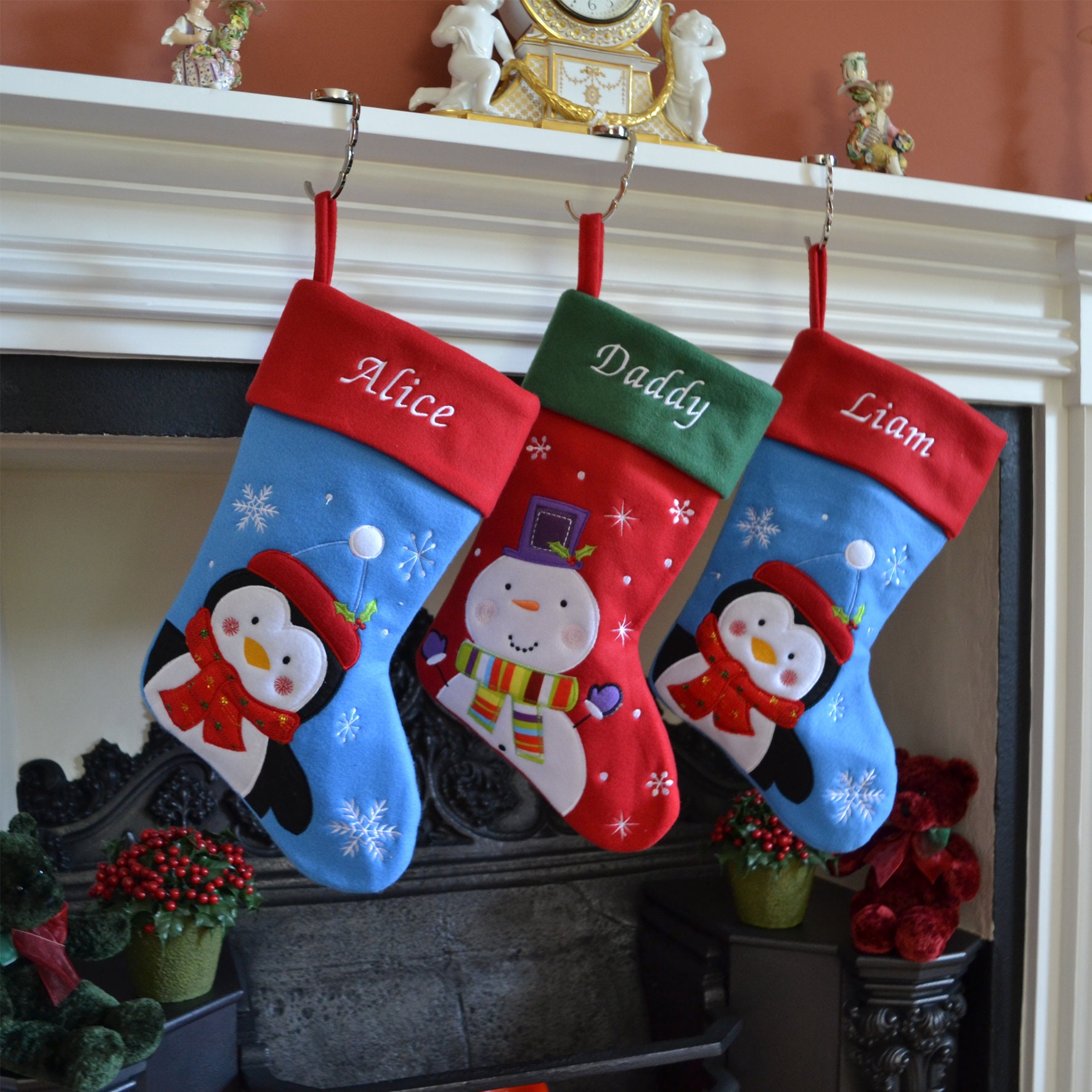Luxury Personalised Embroidered Christmas Santa / Penguin / Snowman / Reindeer Xmas Stocking