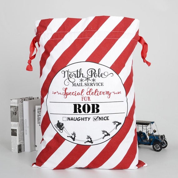 Personalised Red Candy Stripe Overnight Delivery Santa Sack 64cm X 45cm -  Etsy
