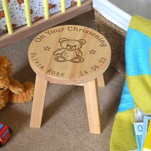 Personalised Child's Stool Wooden Christening Engraved Design