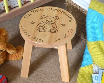 Personalised Child's Stool Wooden Christening Engraved Design