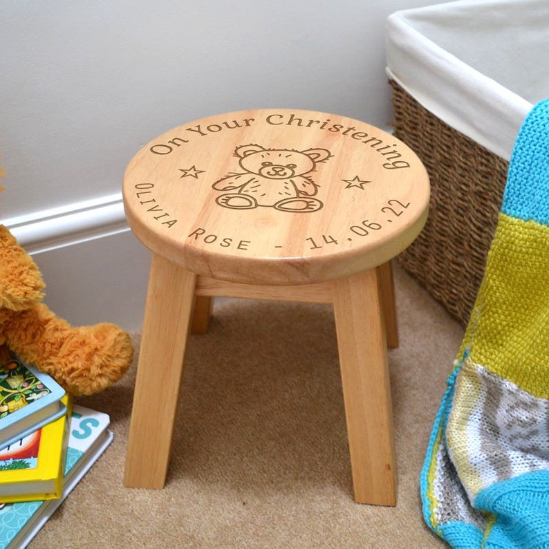 Personalised Wooden Childrens Stool For Christenings, Baptism, Naming Day, Ceremony or other occastion  - Laser engraved with your choice of name, date and occasion. A high quality sturdy stool which will last a lifetime