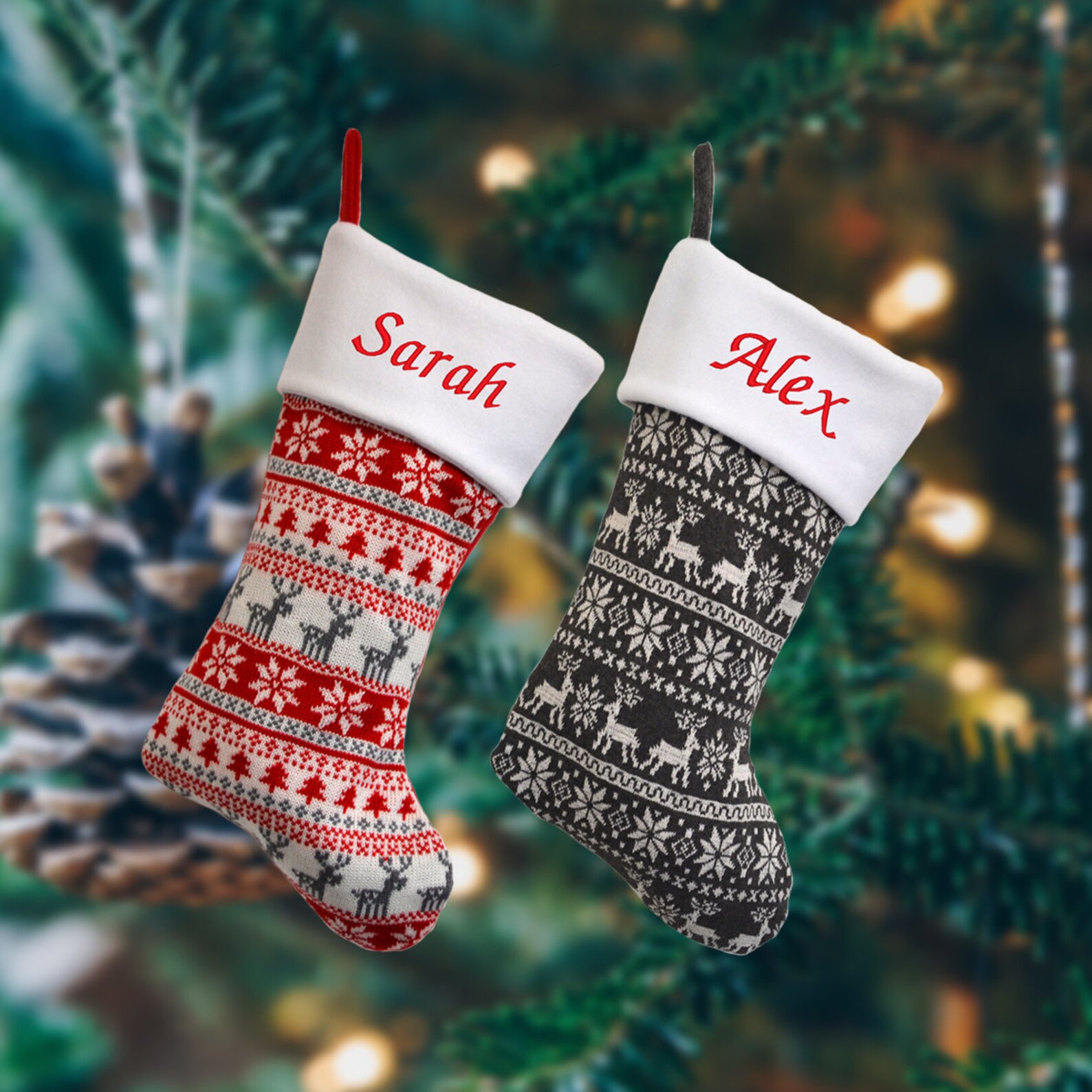Personalised Nordic Knitted Christmas Stockings in Red or Grey Etsy