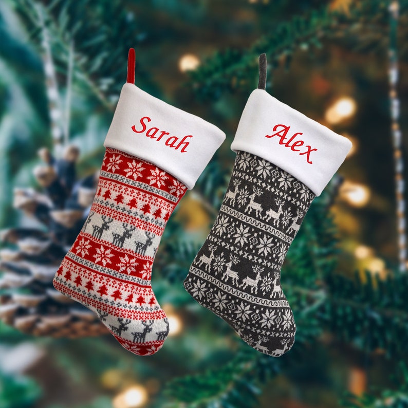 Personalised Nordic Knitted Christmas Stockings in Red or Grey image 1