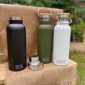 Personalised Insulated Metal Water Bottle Hot/Cold Camping Bamboo Lid