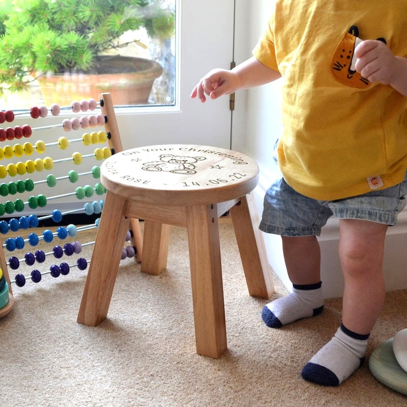 Personalised Wooden Childrens Stool For Christenings, Baptism, Naming Day, Ceremony or other occastion  - Laser engraved with your choice of name, date and occasion. A high quality sturdy stool which will last a lifetime