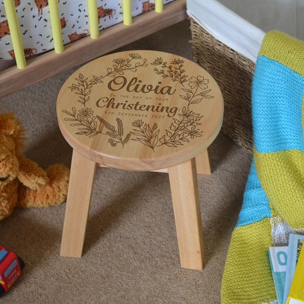 Personalised Toddler Wooden Step Milking Stool Christening, Baptism, Naming Day Gift Flower Pattern