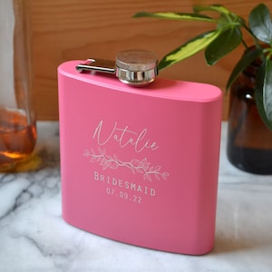 Personalised Bridesmaid, Bride, Maid of Honour, Hen Do Hip Flask for Weddings Pink or Black 6oz