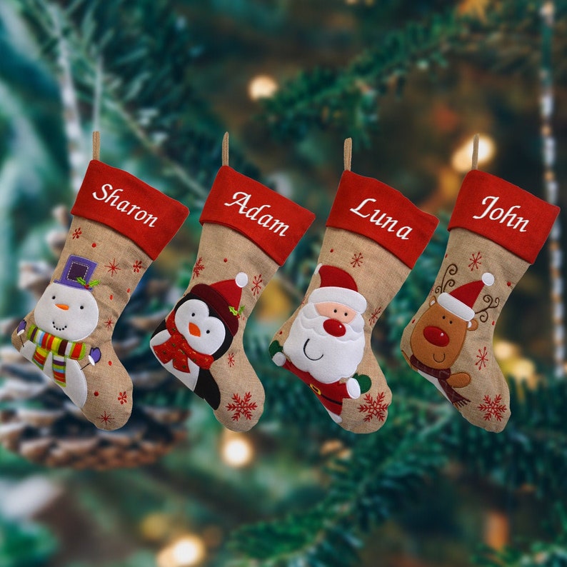 Personalised Embroidered Christmas Stockings in Red Top Hessian with Santa, Snowman, Reindeer or Penguin image 1