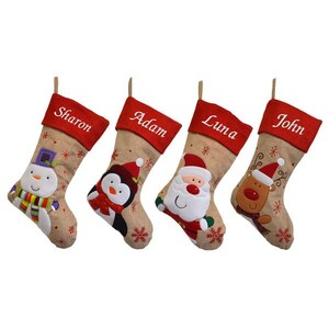 Personalised Embroidered Christmas Stockings in Red Top Hessian with Santa, Snowman, Reindeer or Penguin image 2