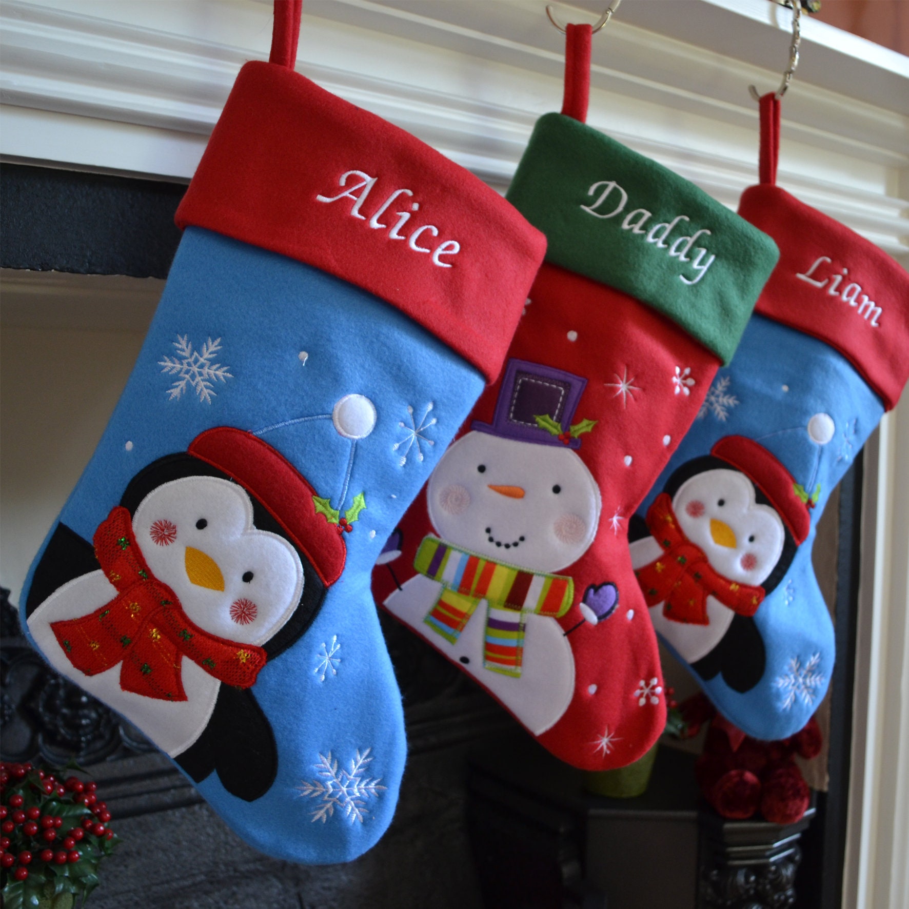 Luxury Personalised Embroidered Christmas Santa / Penguin / Snowman / Reindeer Xmas Stocking