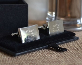 Personalised Wedding Cufflinks Silver Black Gold or Rose Name Role and Date Ideal Wedding Groomsman Best Man