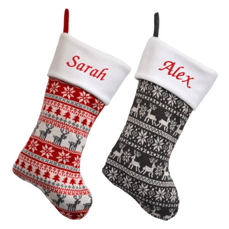 Personalised Nordic Knitted Christmas Stockings in Red or Grey image 2