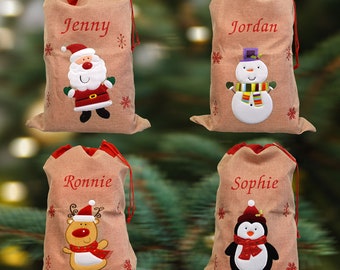 Personalised Luxury Deluxe Embroidered Hessian Santa Sack - Santa, Snowman, Penguin & Reindeer