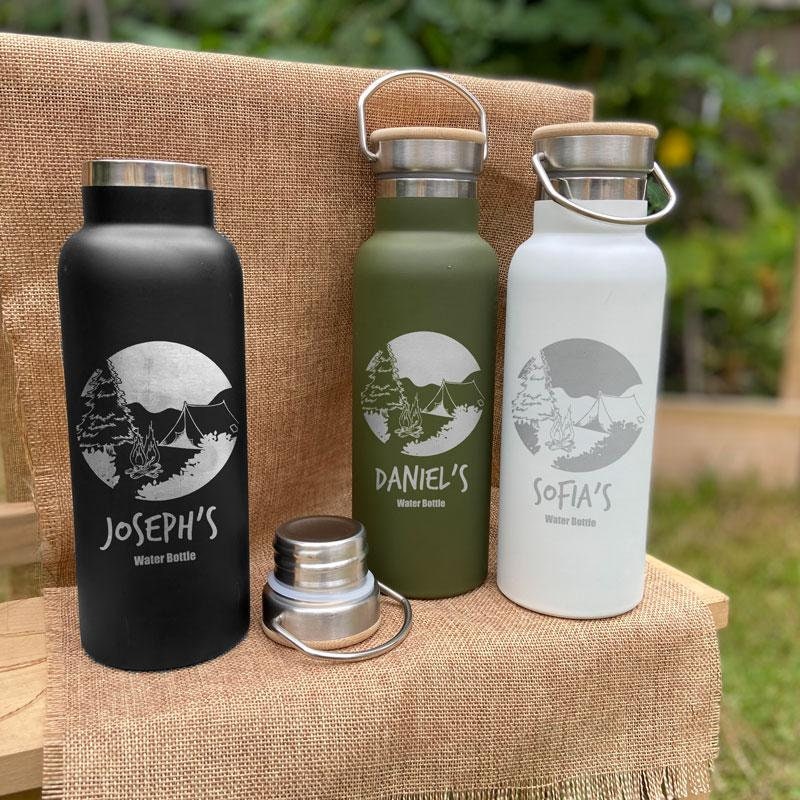 Personalised Camping Water Bottle Metal Bamboo Lid Engraved Etsy