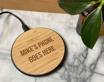 Personalised Round Bamboo Wireless Phone Charger 10W