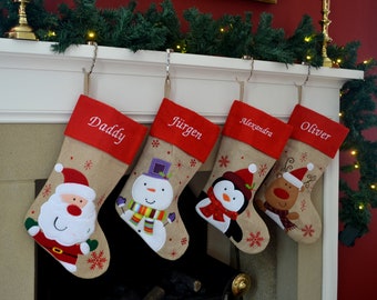 Personalised Embroidered Christmas Stockings in Red Top Hessian with Santa, Snowman, Reindeer or Penguin