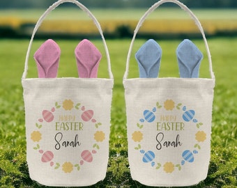 Custom Easter Egg Hunt Bag - Personalised Pink or Blue Egg Pattern Basket for Children