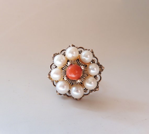 Antique 9K Gold Cannetille Coral & Cultured Pearl… - image 7