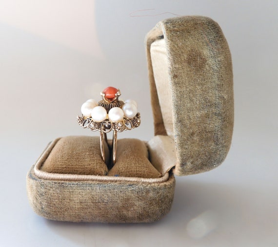 Antique 9K Gold Cannetille Coral & Cultured Pearl… - image 4