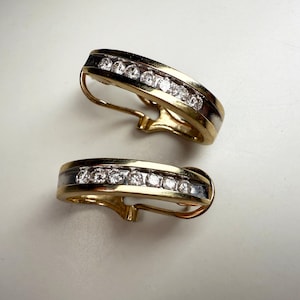 Vintage, 14K Gold, .42 Carat - Natural Diamond - Omega Clip  - J Hoop Earrings - 5.2 Grams