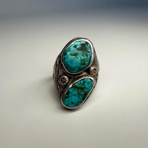 Circa 1940, Navajo | Handmade | Stamped Coin Silver & |Turquoise | Ring
