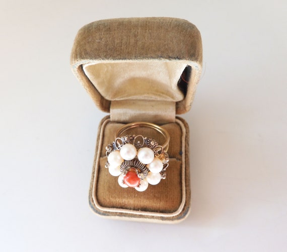 Antique 9K Gold Cannetille Coral & Cultured Pearl… - image 6
