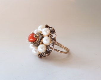 Antique 9K Gold Cannetille Coral & Cultured Pearl Halo Cluster Cocktail Ring